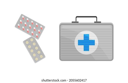 Set of different medical tools. First aid kit, tablets, capsules vector illustration