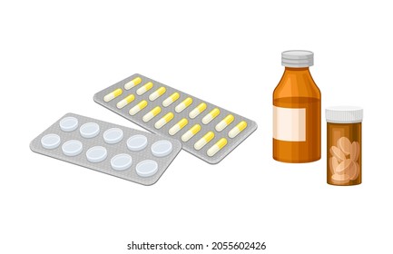 Set verschiedener medizinischer Hilfsmittel. Tabletten und Tabletten, Vektorgrafik