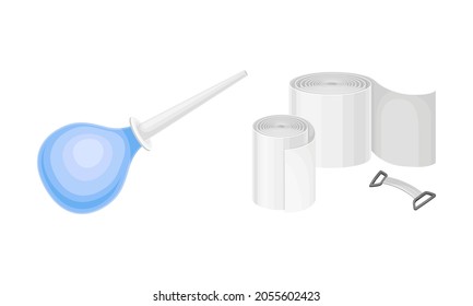 Set of different medical tools. Sterile bandage and enema rubber clyster vector illustration