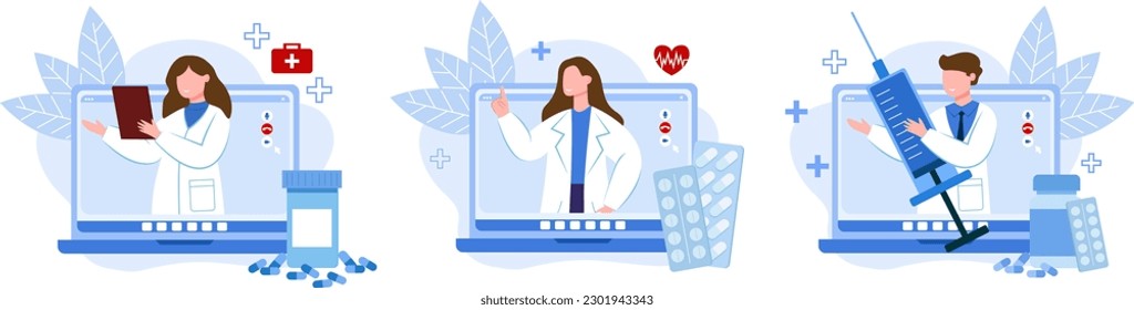 Set of different medical workers having video call on laptop screen and conduct online consultation to patients. Doctor prescribe pills and treatment. Vector illustration in blue colors
