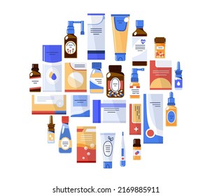 Set of different medications.Medicines in a package,bottle,spray and in dropper bottles.Pharmaceutical drugs in circle isolated on white background.Vector flat illustration.