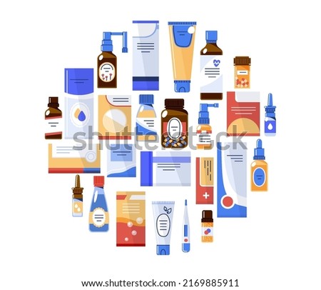 Set of different medications.Medicines in a package,bottle,spray and in dropper bottles.Pharmaceutical drugs in circle isolated on white background.Vector flat illustration.