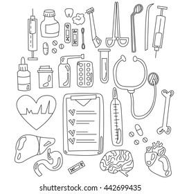 Set of different medicine items black outlined on white background for adult coloring pages