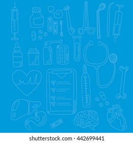 Set of different medicine items white outlined on blue background