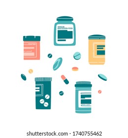 Set of different medicine jars, pills, capsules isolated on white. Hand drawn flat cartoon illustration.