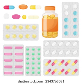 Conjunto de diferentes píldoras medicinales en el embalaje y sin