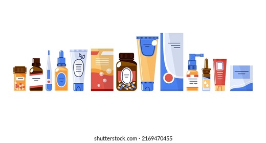 Set of different medicines in package,bottle,spray and in dropper bottles.Pharmaceutical drugs isolated on white background.Vector flat illustration.