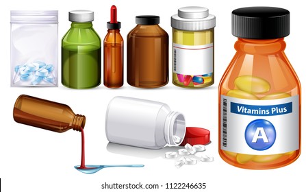 Set of different medience containers and pills illustration