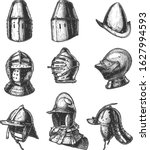 Set of different medieval military helmets: Great helm, Morion, Maximilian, Armet, Lobster-tailed pot, Szyszak and Burgonet helmet with Gorget. Vector hand drawn illustration in vintage engraved style
