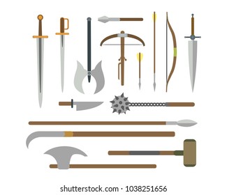 Set of different medieval weapons vector flat illustrations.