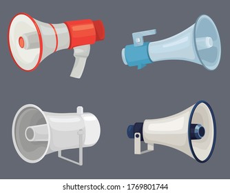 Set of different megaphones. Loudspeaker in cartoon style.