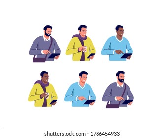 Set of different men with digital devices. Vector illustration.