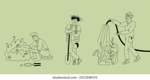 Set of different men growing plants. Male persons in outline style.