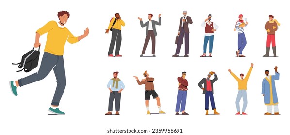 Set of Different Men. Old and Young Male Characters wear Hipster and Trendy Clothes, French Man with Baguette and Wine, Student Boy, Businessman or Senior Gentlemen. Cartoon People Vector Illustration