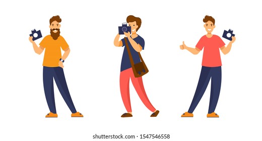 Set of different men photographers with digatal photo camera. Vector illustration with flat characters isolated on white background.