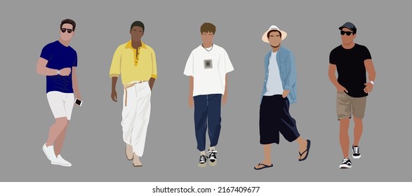 Set of different men in summer street fashion outfit. Diverse of multiracial and multinational young stylish men. Cartoon style vector art fashion illustration. All characters are isolated.