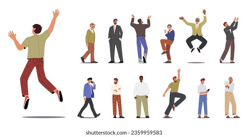 Set von verschiedenen Männern verwenden Smartphone, Feel Fear, Spump und Freude. Alte und junge Männer, Geschäftsleute, Rentner, Jungen und Senior Gentlemen Lifestyle. Vektorgrafik von Cartoon People