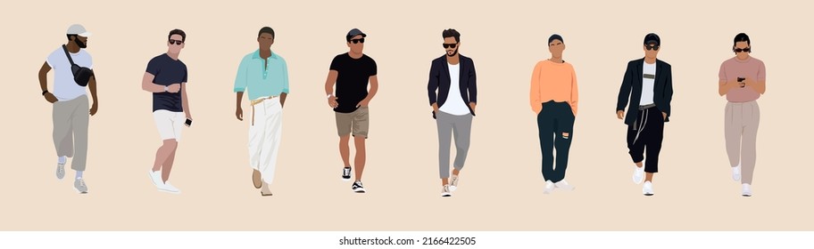 Conjunto de hombres diferentes con atuendo moderno de moda al estilo de la calle parados y caminando. Ilustración de arte vectorial con estilo de dibujos animados aislados.