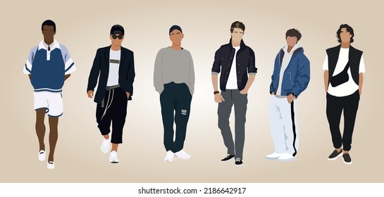 Set Of Different Men Wearing Modern Street Style Fashion Outfit Standing And Walking. Cartoon Style Vector Art Illustration Isolated. African American, Asian,  Latin, Caucasian Guys Trendsetters.