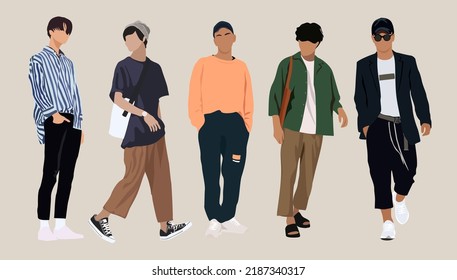 Set of different men wearing modern street style fashion outfit standing and walking. Cartoon style vector art illustration isolated.