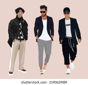 Conjunto de hombres diferentes con ropa de moda de estilo moderno de calle de otoño parados y caminando. Ilustración de arte vectorial con estilo de dibujos animados aislados.