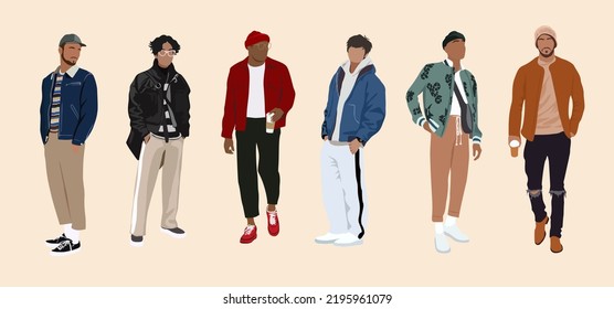 Set von verschiedenen Männern, die moderne Straßenmode Outfit stehen. Junge gut aussehende Jungs im Herbst. Cartoon-Stil Vektorgrafik realistisch, einzeln.