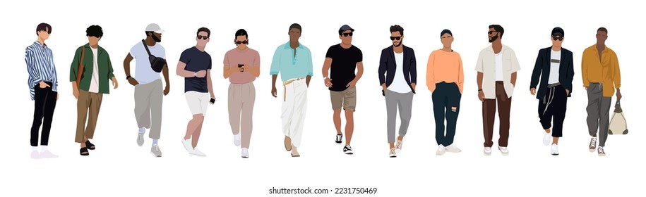 Conjunto de hombres diferentes con atuendo moderno de moda al estilo de la calle parados y caminando. Estilo de dibujos animados vectorial ilustración realista aislada en fondo blanco.