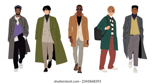 Conjunto de hombres diferentes con ropa de moda moderna de estilo callejero de moda de otoño parados y caminando. Personajes masculinos multirraciales en abrigos, trajes, ropa informal inteligente. Ilustraciones vectoriales realistas sobre blanco