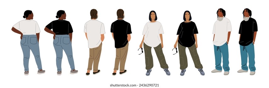 Set of different men, women in casual outfit.