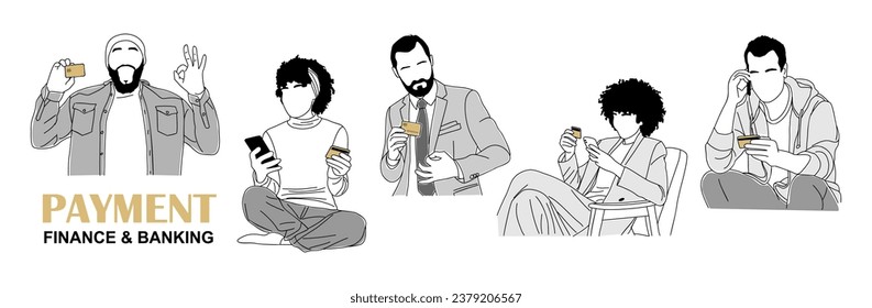 Set verschiedener Männer und Frauen, die mit Kreditkarte oder Debitkarte bezahlen. Konzept für das Finanz- und Bankgeschäft. Vektorgrafik-Rahmenillustrationen für Grafik, Webdesign einzeln auf weißem Hintergrund.