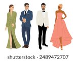 Set of different men and women wearing evening formal outfits for celebration, wedding, event, party. Happy elegant people in gorgeous clothes vector realistic illustration on white background.