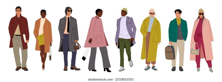 Set of different men, women wearing coats, stylish autumn outwear. Collection of male, female characters standing and walking full length. Vector realistic illustration isolated on white background.