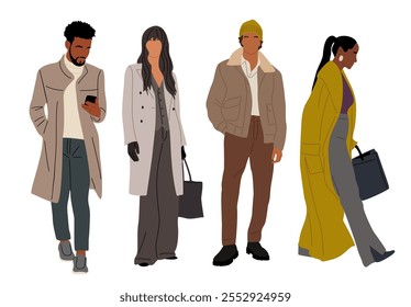 Conjunto de diferentes hombres, mujeres con abrigos, ropa de otoño con estilo. Colección de personajes masculinos y femeninos de pie y caminando de cuerpo entero. Vector ilustraciones realistas sobre fondo blanco.