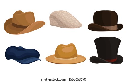 Set of different mens hats. Vector illustration on a white background
