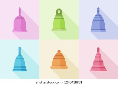 Set of different menstrual cups with long shadow on color background. Illustration for feminine hygiene, medicine, menstruation. Menstruation theme. Colored flat icons, simple vector design. 