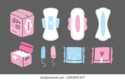 Set of different menstrual pads, sanitary napkins and tampons isolated. Cute hand drawn feminine intimate care goods for menstruation periods. Sanitary pads and cotton tampons packaging vector design.