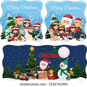 Set of different Merry Christmas scene with Santa Claus illustration
