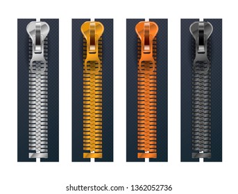 Set of different metallic fasteners, closed zippers isolated on white
