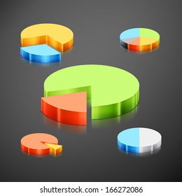 Set of different metallic pie charts. Every pie chart has 10 customizable  elements. 3d infographics pie chart