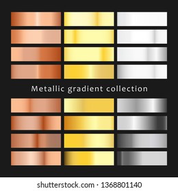 Set of different metals gradients. Collection of gold, bronze, silver and copper backgrounds. Vector illustration