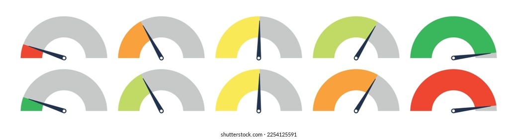 Set of different meter gauge element. Green and red, low and high barometers,bad and good level or risk scale. Vector isolated illustration svg