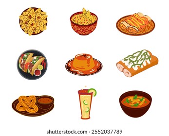 Set of different Mexican foods in white background, Vector illustration.