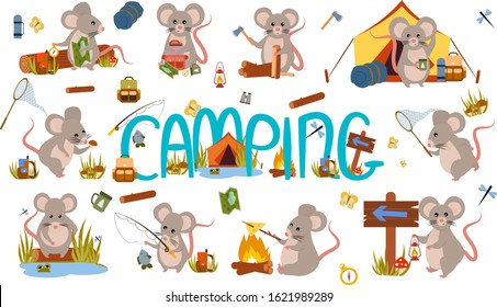Set different mice and rats tourist on nature. Camping Phishing, overnight in tent, picking mushrooms, fun and relaxation. Children's illustration. Scouts. Cute Vector Illustration