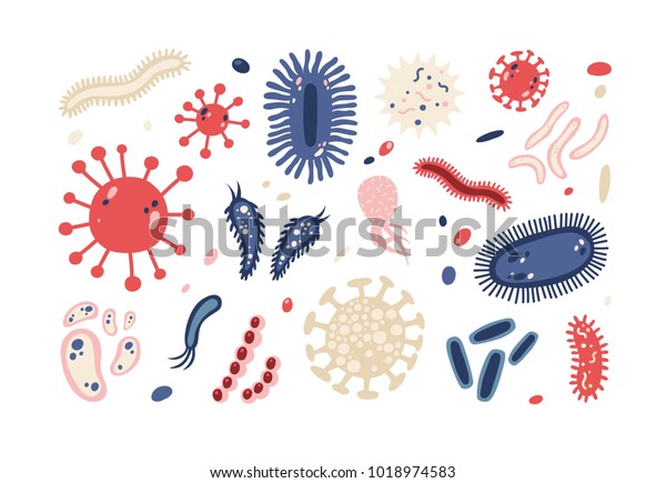 设置不同的微生物分离在白色背景 收集传染性细菌 前列菌 微生物 引起细菌 病毒的疾病束 鲜艳的彩色平面矢量插图 库存矢量图 免版税