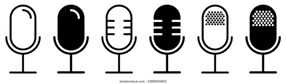 Set of different microphone signs. Karaoke mic icons. Podcast microphone. Vector illustration isolated on white background