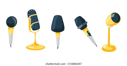 Conjunto de diferentes micrófonos con ilustración vectorial de diseño dorado. Equipo para la difusión de discos o para hablar en público y promover estilo plano. Aislado en blanco