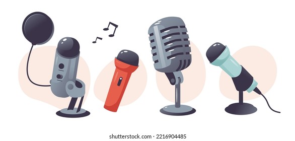 A set of different microphones. Microphones for podcast and sound recording, singing, karaoke. Cartoon vector illustration isolated on a white background