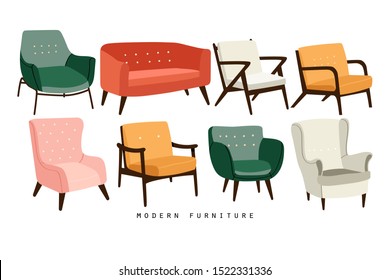 set of different mid-century modern furniture illustrations in simple flat style. Modern armchairs illustrations set. Vector furniture illustrations set -
