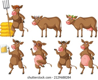 Juego de vacas lecheras diferentes en ilustración de estilo caricatura