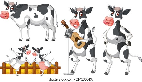 Set of different milk cows in cartoon style illustration